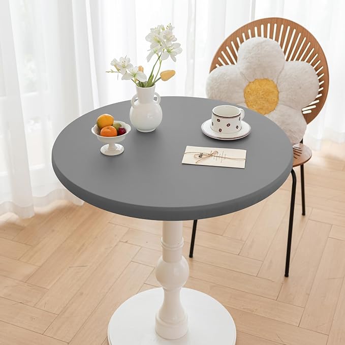 Round Fitted PU Tablecloth with High Elastic Edge 35 Inch Dia Waterproof Oil Proof Table Cloth Anti-Scald Stain-Resistant Wipeable Table Cover for Indoor Outdoor Picnic (Light Grey,35" Dia)