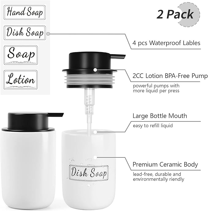 BosilunLife White Soap Dispenser Set - 2 Pack 12oz Ceramic Dish Soap Dispenser with Rust Proof Pump for Kitchen, Hand Soap and Lotion Set Suitable for Farmhouse Bathroom Decor with Waterproof Labels