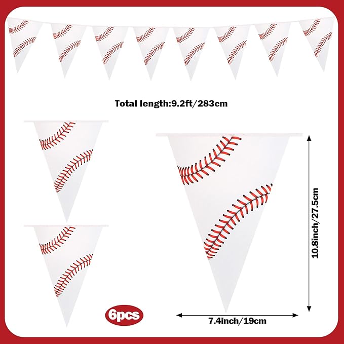 6 Pack Baseball Party Banner 9.12ft Baseball Pennant Banner Pre-Strung Sport Triangle Flag Bunting Garland for Kids Boys Baseball Birthday Party Supplies Sport Party Supplies