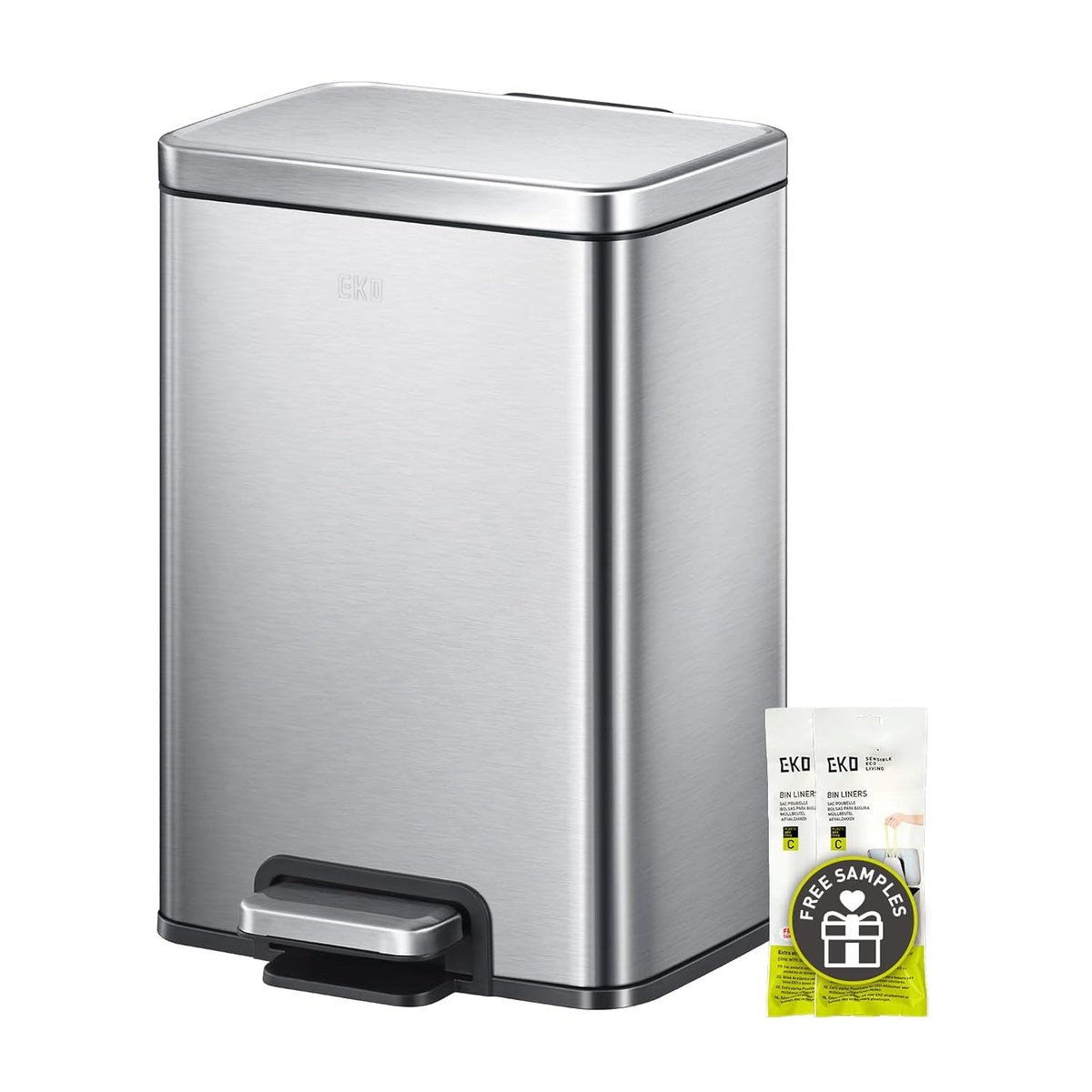 EKO Madison 12L / 3.2 Gal Bathroom Trash Can with Lid and Removable Inner Basket, Rectangular Small Step Trash Can, Brushed Stainless Steel