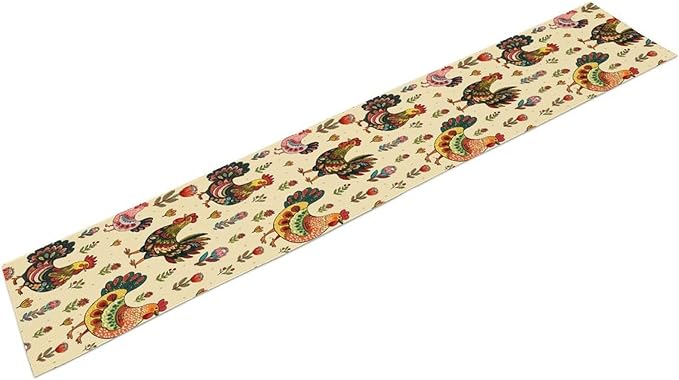 Rustic Farm Animal Table Runner, Vintage Rooster Boho Flowers Table Runner for Kitchen Dining Holiday Home Party 13x36in