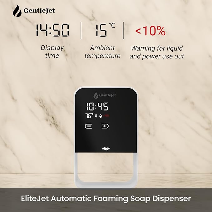 GentleJet EliteJet Automatic Foaming Soap Dispenser – Touchless Sensor, LED Display, 5 Foam Levels, Wall Mount or Countertop, Rechargable USB-C or Battery Powered, Aluminum Alloy, 480 ml Refillable