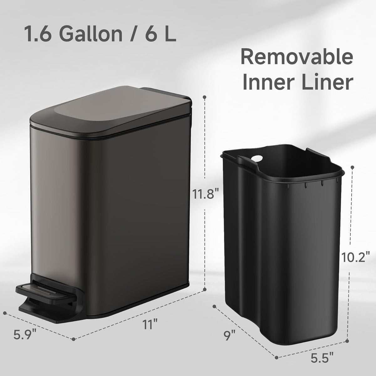 TIPGO Slim Bathroom Trash Can with Lid Soft Close, 6 Liter / 1.6 Gallon Stainless Steel Garbage Can with Removable Inner Bucket, Step Pedal, Small Trash Cans for Bedroom, Office, Kitchen (Black Gold)