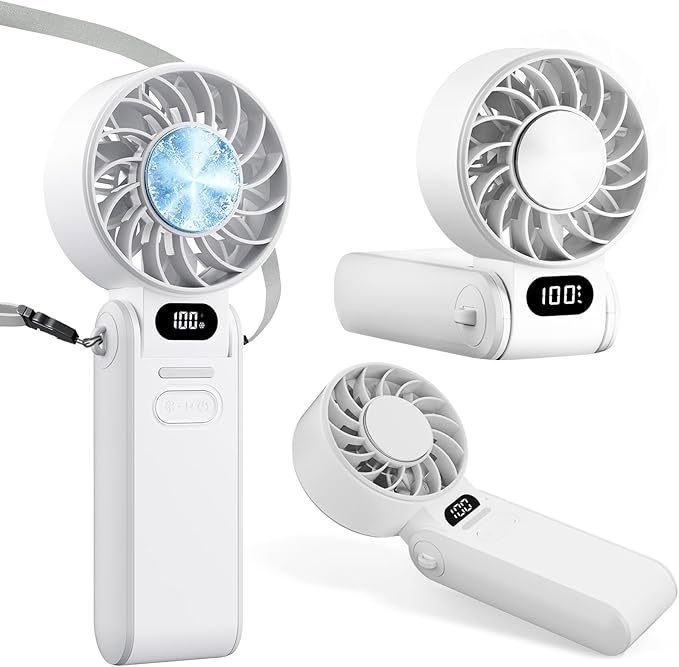 Portable Handheld Turbo Fan With Ice Cooling, 3-IN-1 Rechargeable Mini Personal Handheld Fans 180° Adjustable, 5 Speed Wind, Digital Display for Travel, Outdoor Games, Working (White)