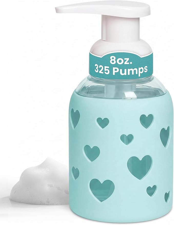 SoCal Suds & Company Foaming Hand Soap Dispenser Glass, Liquid Soap Pump with Heart Silicone Sleeve, Refillable Bottle for Kids, Baby Wash & Shampoo, Ideal for Bathroom & Kitchen Use, Sea Glass, 8oz