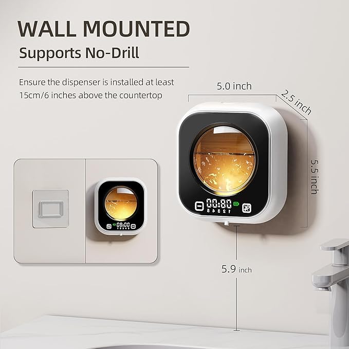 Wall Mounted Soap Dispenser, Automatic Touchless Rechargeable Liquid Hand Soap Dispenser with Smart Display, No-Drill, 5-Level Adjustable for Bathroom Kitchen (White)