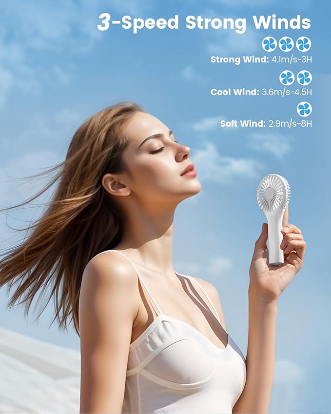 Edvision Portable Mini Fan - Powerful Personal Handheld Fan with 3 Speeds, Cute and Small, USB Rechargeable for Travel/Lash/Makeup/Outdoor/Home, White