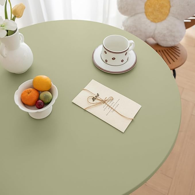 Round Fitted PU Tablecloth with High Elastic Edge 47 Inch Dia Waterproof Oil Proof Table Cloth Anti-Scald Stain-Resistant Wipeable Table Cover for Indoor Outdoor Picnic (Green,47" Dia)