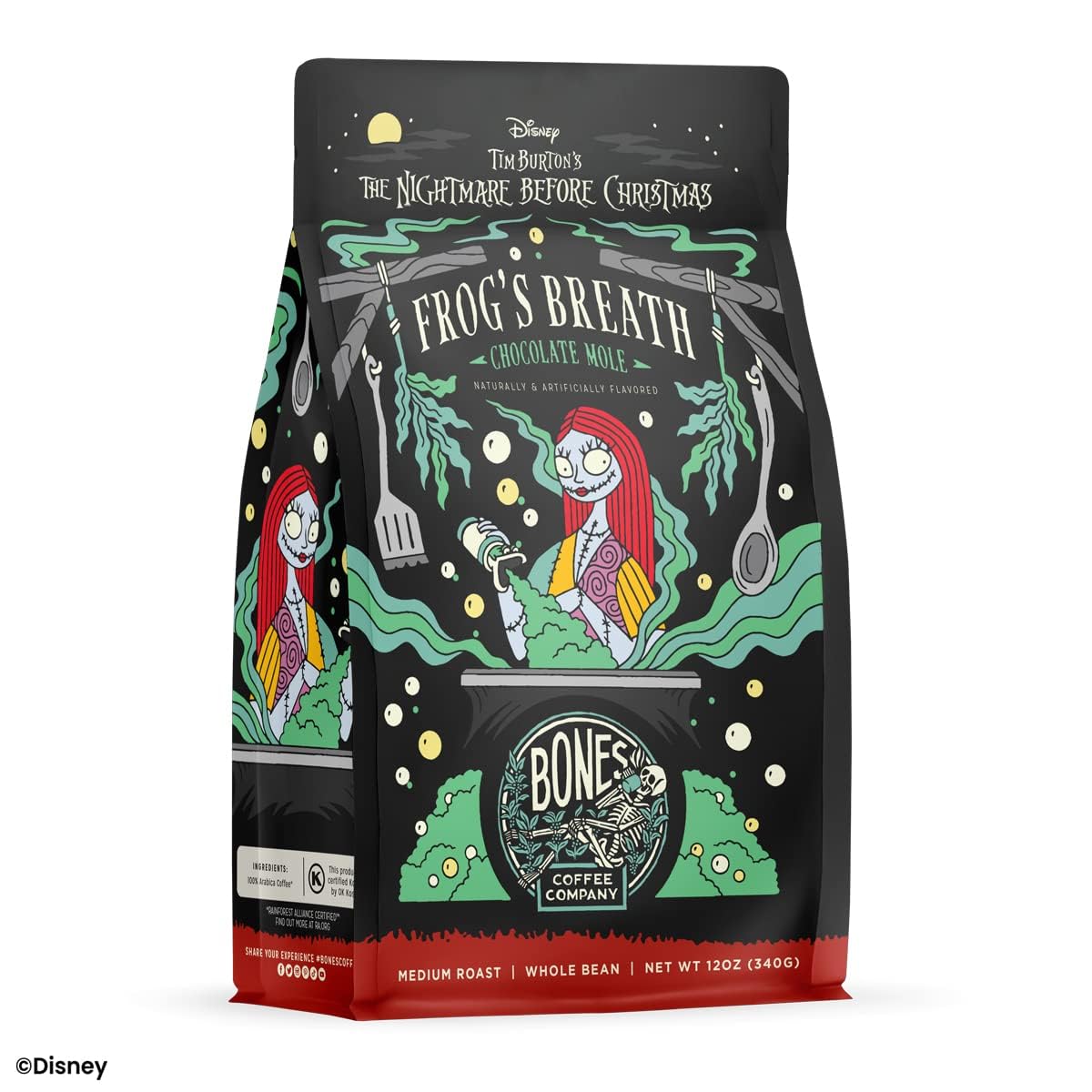 Bones Coffee Company The Nightmare Before Christmas Frog's Breath Flavored Coffee Beans, Medium Roast Ground Coffee Low Acid, Chocolate Mole Flavor (12 oz)