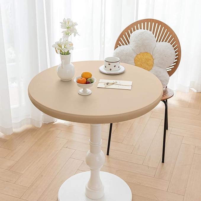 Round Fitted PU Tablecloth with High Elastic Edge 24 Inch Dia Waterproof Oil Proof Table Cloth Anti-Scald Stain-Resistant Wipeable Table Cover for Indoor Outdoor Picnic (Beige,24" Dia)