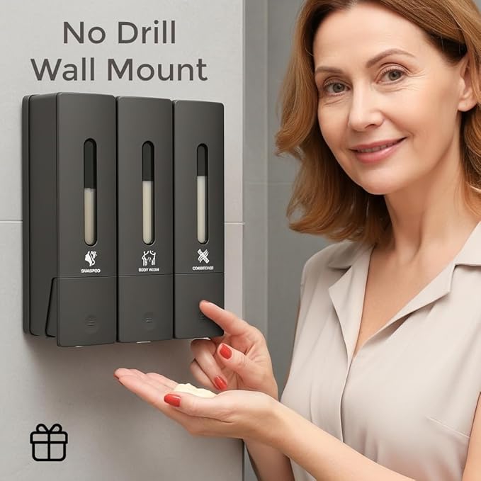 Soap Dispenser - 3 Chamber - 3x400ml - No Drill Wall Mount Bottles Organizer Toiletries for Cream Lotion Liquid Soaps Shampoo Conditioner Storage - Modern Essentials Bathroom Set - Gunmetal 2