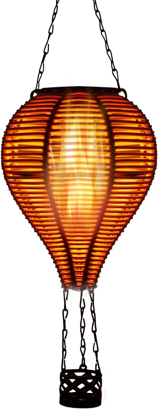 pearlstar Solar Hot Air Balloon Lantern with Flame Light Outdoor Hanging Solar Powered Lights Woven Solar Lantern Waterproof for Patio Yard Farmhouse Garden Wedding Holiday Decoration
