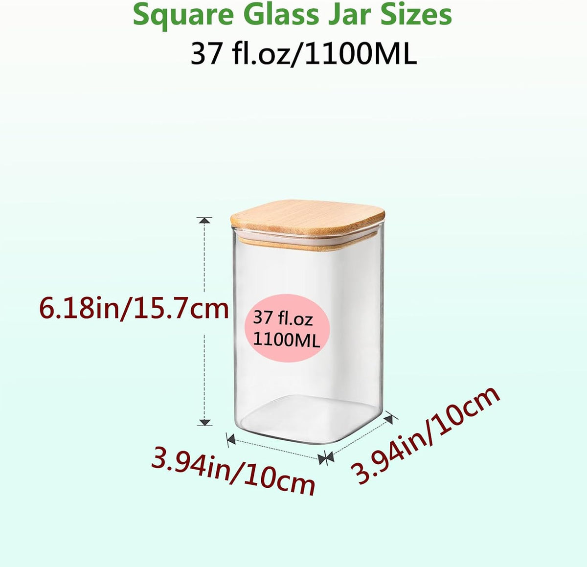 Square Glass Jars Canister with Wood Lid 37 FL OZ [Set of 4], Container Jar with Sealing, Lids for Oat Pasta Flour Cereal Rice Sugar Tea Coffee Beans