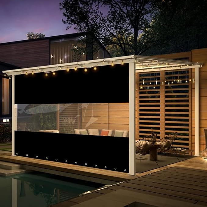 Covers & All Outdoor Clear Panel Curtain, 12 oz Vinyl Outdor Curtains for Patio, Waterproof & Weather Resistant Tarp with Brass Grommets for Pergola, Porch, Gazebos, Balcony (7’ H x 8’ W Feet, Black)