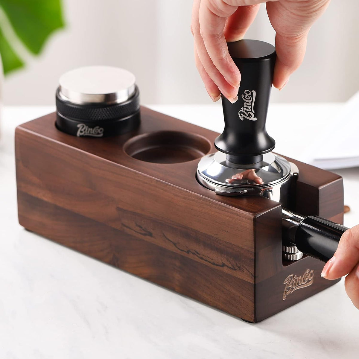 Bincoo Anti-Slip Tamper Holder Station-Wooden Tamper Holder Station for 51-53mm Portafilters,Tamper and Distributor (Walnut)
