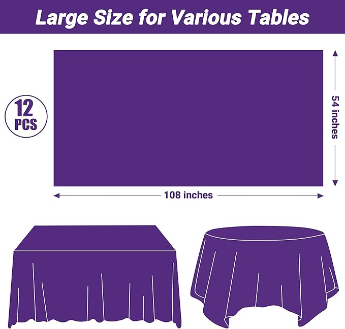 QZYL 12 PCS Purple Plastic Tablecloths, 54 in x 108 in Dinner Table Cloths, Rectangle Table Cover for Birthday Party Family Gathering Wedding