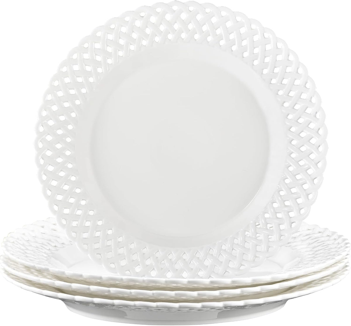 Large White Dinner Plates 12 inch, Ceramic Dinner Plates Set of 4, Basketweave Wide Rim Stackable Hotel Value Round Coupe Shape for Restaurant