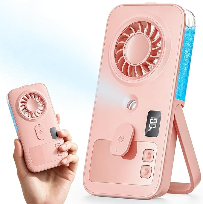 Otlonpe Mini Portable Handheld Misting Fan Hand Held Rechargeable Portable Fan with Mist 4-Speed LED Display Slim Foldable Small Personal Cooling Water Spray Mister Fans for Travel Women Kids (Pink)