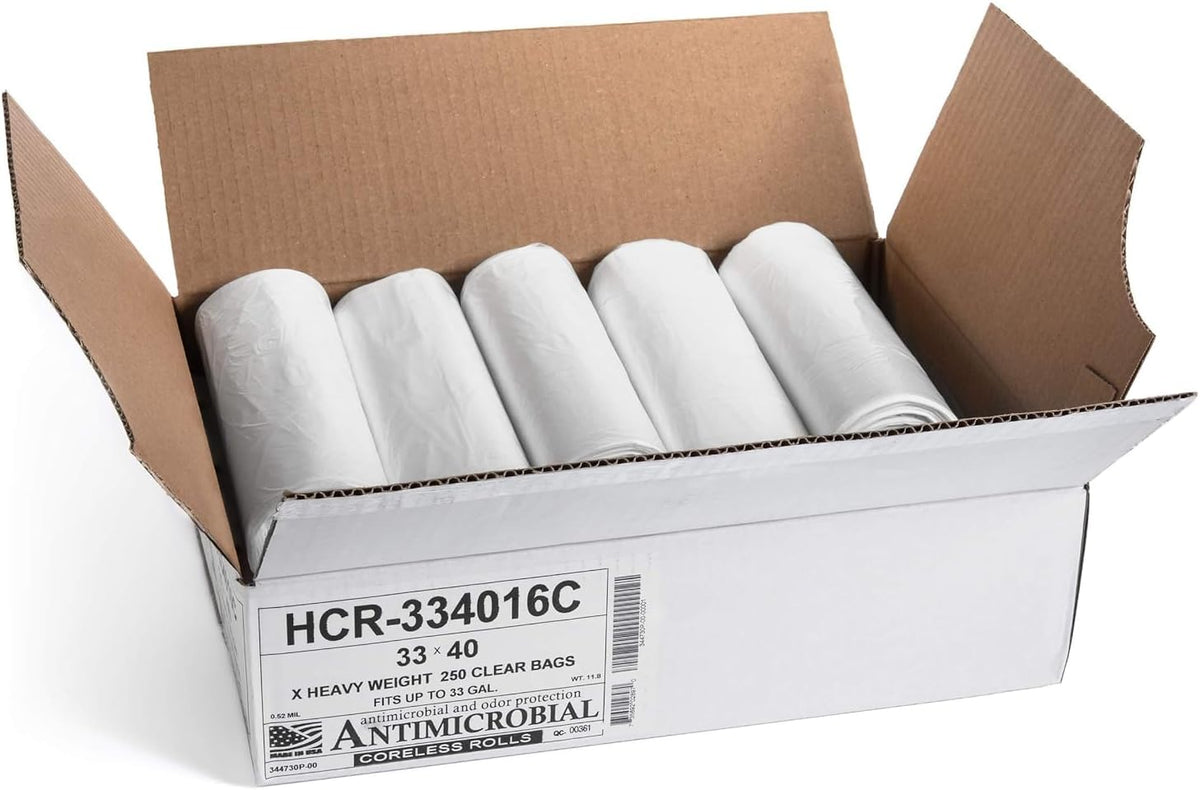 Aluf Plastics High Density Trash Bags, 33 Gallon, 250 Count, 16 Micron (eq), 33" x 40", Clear, for Bathroom, Office, Industrial, Commercial, Janitorial, Municipal, Recycling