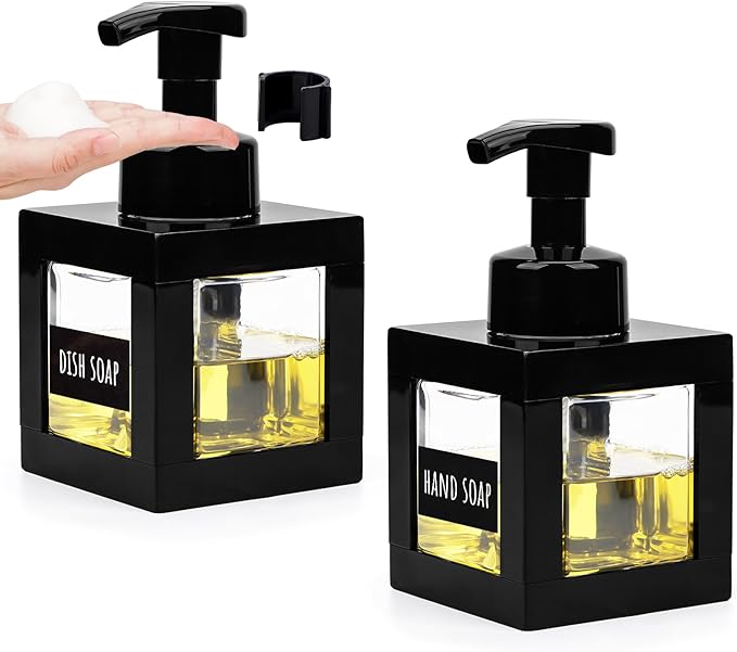 Segbeauty 11.84oz Black Foaming Soap Dispenser for Bathroom, 2pcs 350ml Empty Square Dish Soap Dispenser with Labels Pump for Kitchen, Refillable Hand Wash Foam Dispenser Soap Reusable Shampoo Bottles