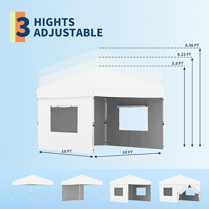 10'x10' White Pop Up Canopy Tent with 3 Sidewalls, Waterproof and UV Resistant Outdoor Gazebo, Easy Up Sun Shade Shelter for Parties, Events, Backyard, Camping