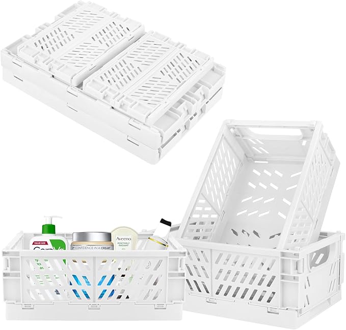 Plastic Storage Baskets for Desk Organizing, Office Drawer Organizer, 2 Medium+2 Small Durable Folding Storage Crate for Home Kitchen Classroom Office Bedroom and Bathroom Storage (White)