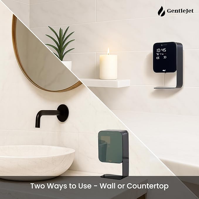 GentleJet LuxeJet Automatic Foaming Soap Dispenser – Touchless Sensor, LED Display, 5 Foam Levels, Wall Mount or Countertop, Rechargable USB-C or Battery Powered, Aluminum Alloy, 480 ml Refillable