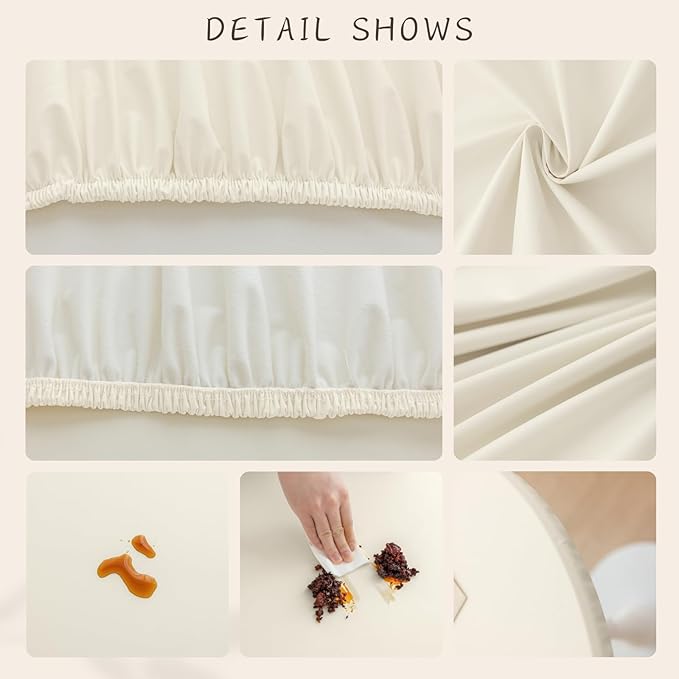 Round Fitted PU Tablecloth with High Elastic Edge 47 Inch Dia Waterproof Oil Proof Table Cloth Anti-Scald Stain-Resistant Wipeable Table Cover for Indoor Outdoor Picnic (Cream,47" Dia)