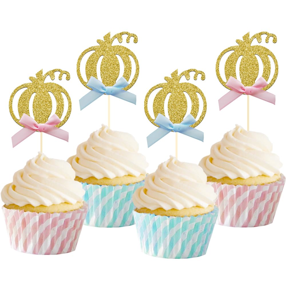24pcs Pumpkin Gender Reveal Cupcake Toppers - Baby Shower Girl or Boy Party Decorations Supplies, Pumpkin Food Pick (Blue and Pink Bow)