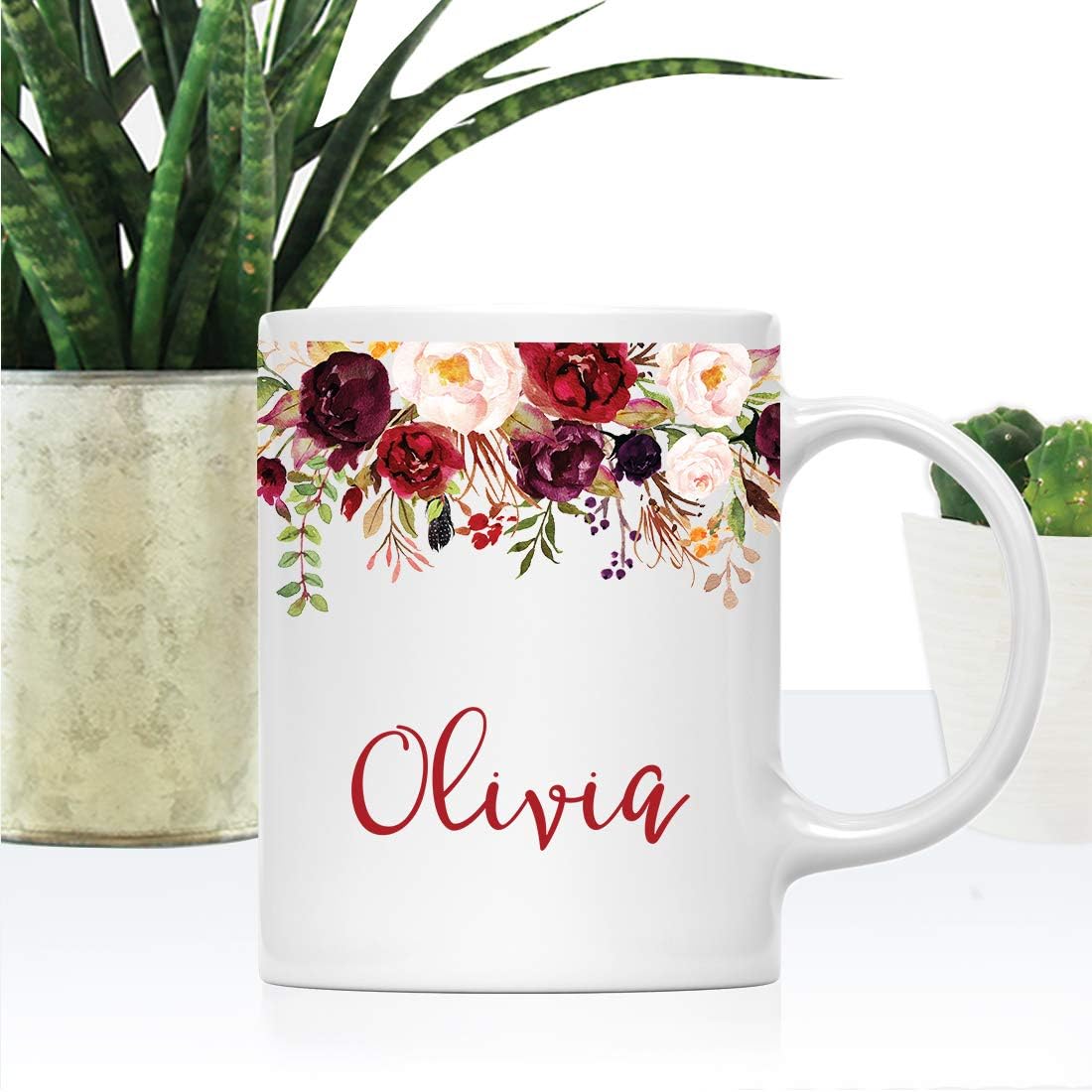 Andaz Press Personalized 11oz. Wedding Ceramic Coffee Tea Mug Bridesmaid Gift, Fall Autumn Marsala Burgundy Flowers Roses Florals, Olivia, 1-Pack