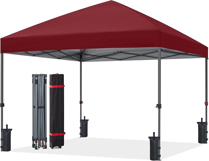 ABCCANOPY 10x10 Pop Up Canopy Tent, Easy Setup Instant Shelter with Wheeled Bag, Heavy Duty Outdoor Canopy for Beach, Market, Backyard, UV Protection, Outdoor Weather Protection (Burgundy, 10x10)