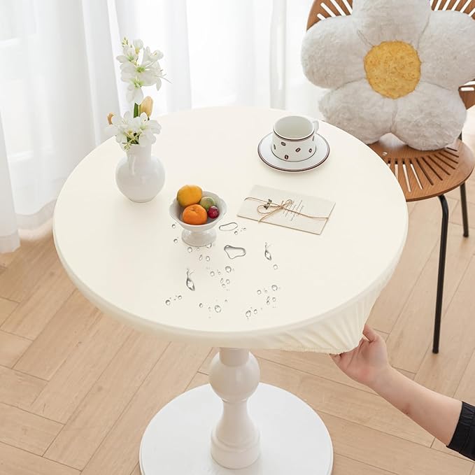 Round Fitted PU Tablecloth with High Elastic Edge 55 Inch Dia Waterproof Oil Proof Table Cloth Anti-Scald Stain-Resistant Wipeable Table Cover for Indoor Outdoor Picnic (Cream,55" Dia)