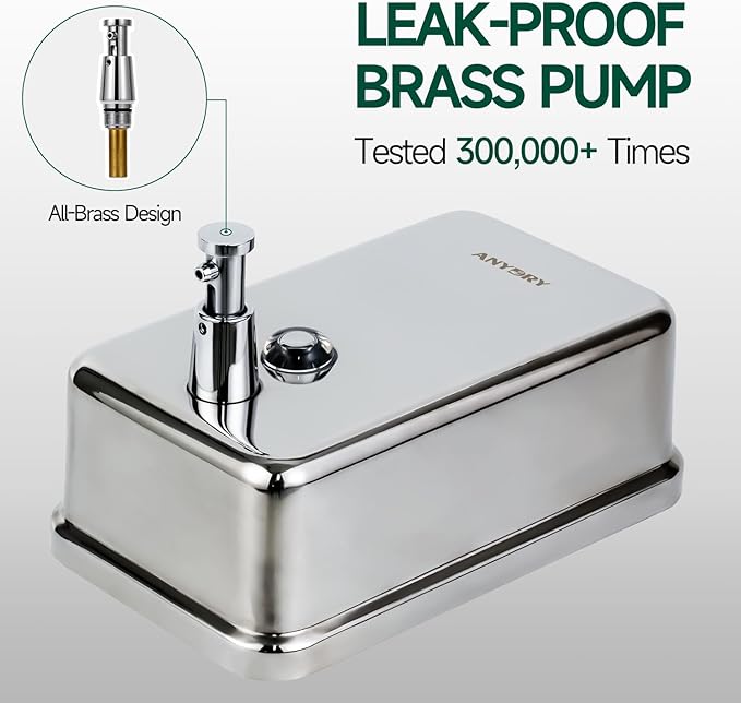 anydry Commercial Manual Soap Dispenser, Durable Polished Stainless Steel Finish, 37oz (1100ml) Liquid, Wall-Mounted for Bathroom & Kitchen