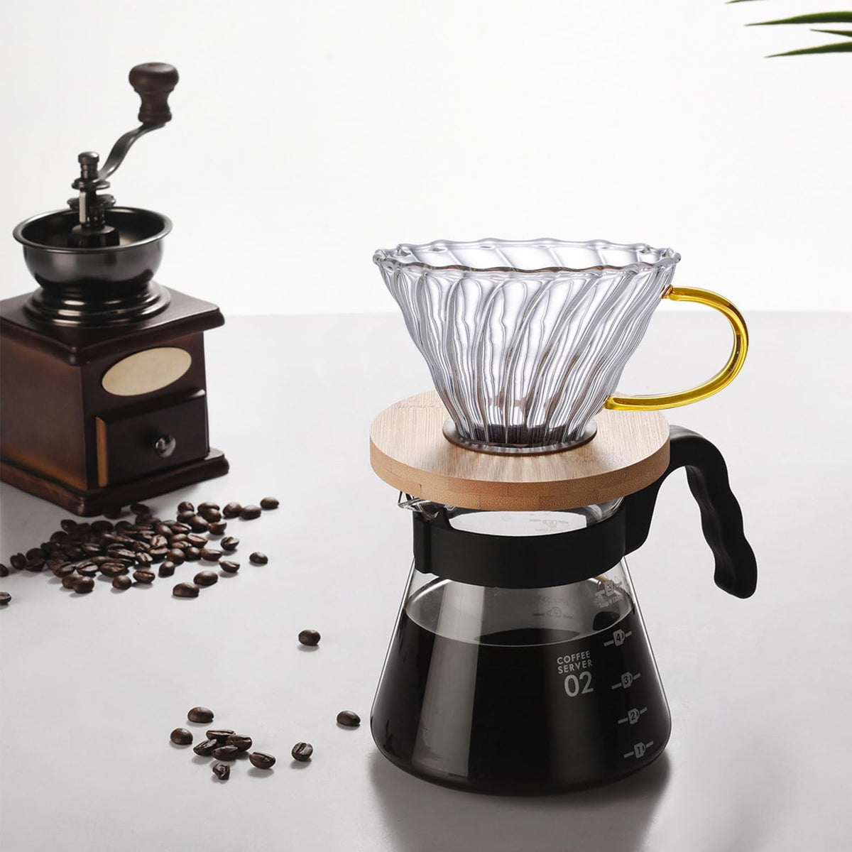 Gute Glass Coffee Dripper/Filter - Cone Glass Pour Over Coffee Dripper with Bamboo Stand & Handle
