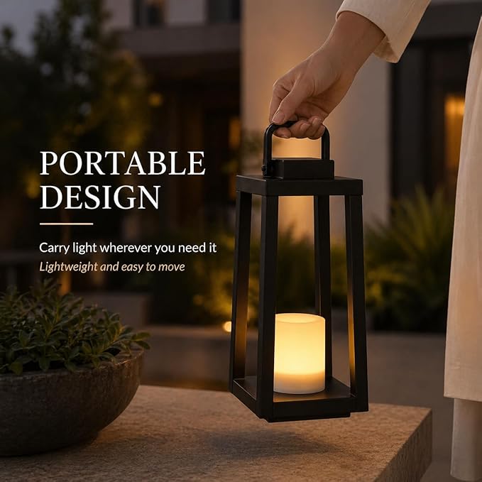 H16 Modern Outdoor Solar Lantern Black Metal Frame with Flickering LED Candle Waterproof and Portable for Patio Deck or Pathway Decorative Sconce with Warm LED