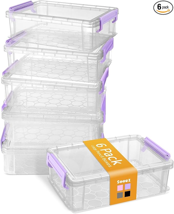 Sooez 6 Pack Extra Large Pencil Box, Plastic Pencil Case Crayon Box Bulk, Clear Marker Organizer Plastic Containers with Lid, Stackable Storage Boxes for Art Craft Pen, Back to School Supplies, Purple