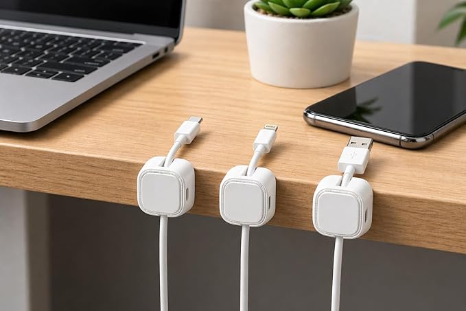 12-Pack Magnetic Cable Clips, Strong Adhesive Cord Holder for Desk, Nightstand, Car & Cable Management, White