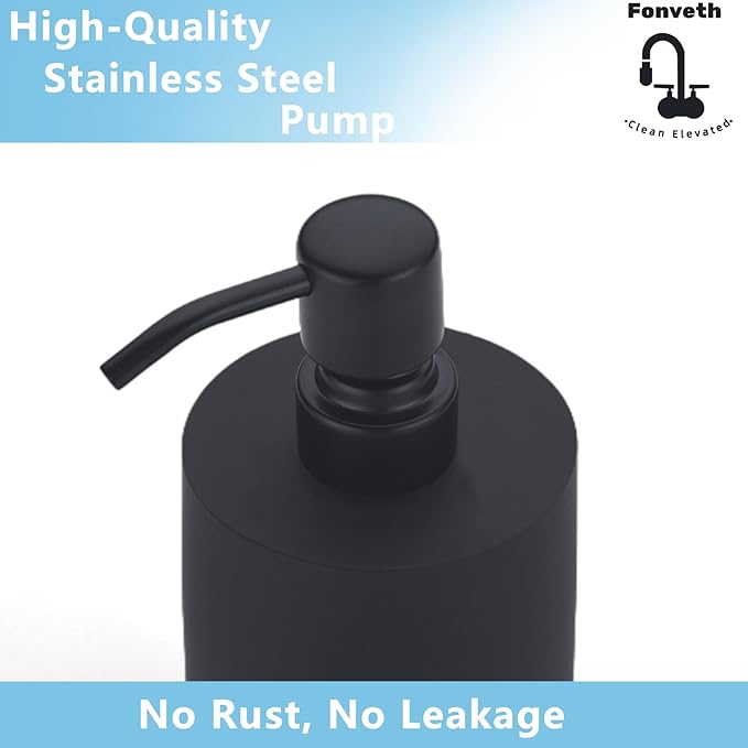 Soap Dispenser Black Countertop for Bathroom Kitchen, 400ml (13.5oz) Resin Bottle with Stainless Steel Pump, Cylindrical Bottle - for Liquid Soap, Lotion and Dish Soap