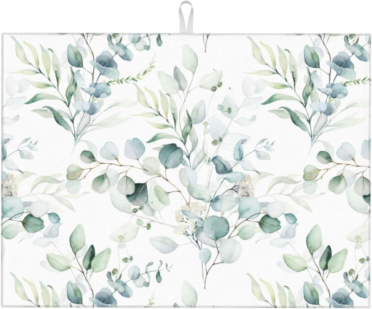 Sage Green Leaves Dish Drying Mat 18x24 inch for Kitchen Counter Watercolor Herbs Plant Kitchen Drying Mats Dishes Pad Absorbent Fast Dry Dish