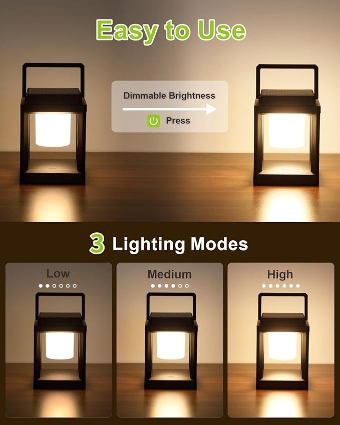 DAKAFUL Outdoor Table Lamp, Led Lamps for Nightstand, Solar Lanterns Outdoor Hanging for Patio Waterproof, Cordless Battery Operated Lamp, Rechargeable Solar Lantern for Reading, Decor, Camping