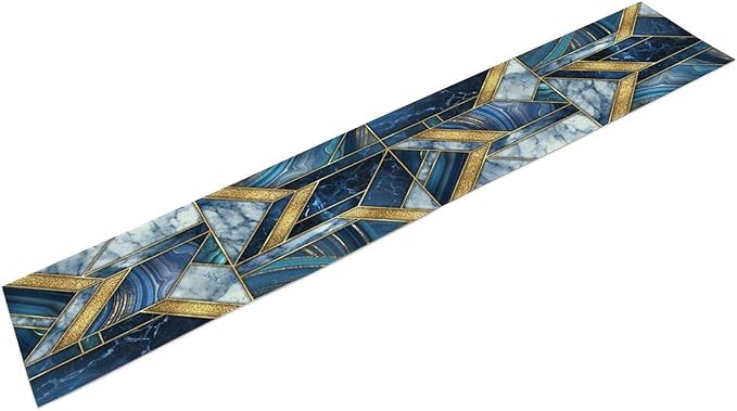 Marble Texture Table Runner, Dark Blue Gold Modern Mosaic Design Table Runner Decoration for Kitchen Family Dinner Table Holiday Party Farmhouse 13x36in