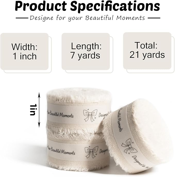 Linen Cotton Ribbon 1 Inch Linen 3 Rolls 21 Yards Frayed Edge Fabric Set for Rustic Wedding Decor, Bridal Bouquet Wrap, Farmhouse Decor, Table Setting & Gift Wrapping