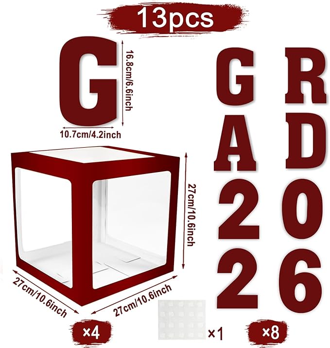 2026 Graduation Decorations - 4Pcs Maroon Balloon Boxes with Letters 2026&Grad for Preschool Kindergarten Middle High School College Graduation Party Decorations Class of 2026