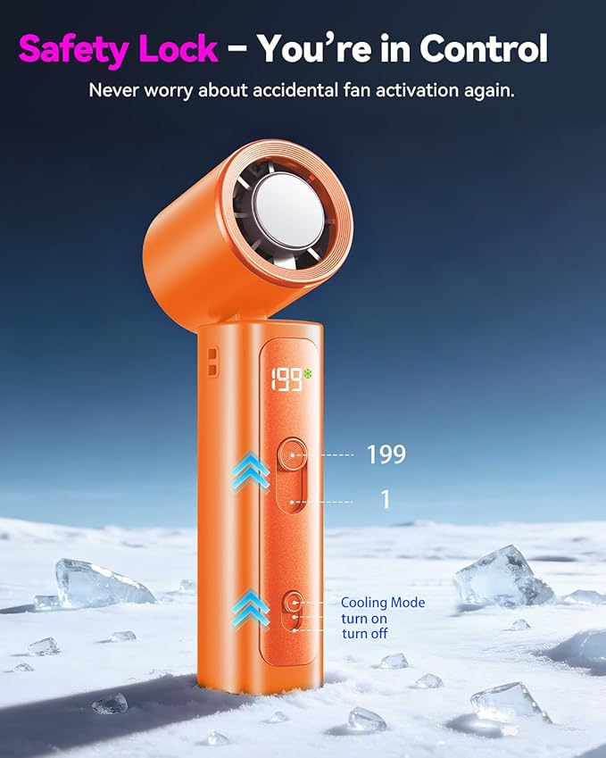 DRORION Portable Mini Fan with Ice Cooling Function, 199 Speed Adjustable Handheld Fan, Rechargeable Personal Fan with Digital Display, Quiet Desk Fan for Travel, Office, Outdoor, Summer,Orange