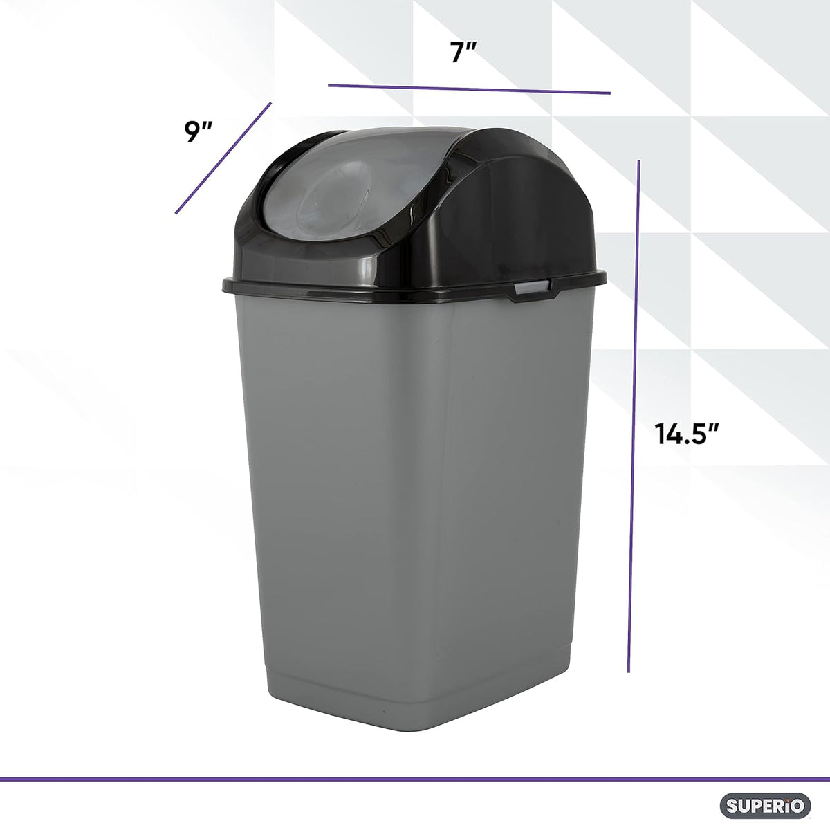 Superio Small 2.5 Gallon Plastic Trash Can with Swing Top Lid, Compact Slim Waste Bin for Under Desk, Office, Bedroom, Bathroom, Dorm Room, 10 Qt. Portable Garbage Can (Grey/Black)