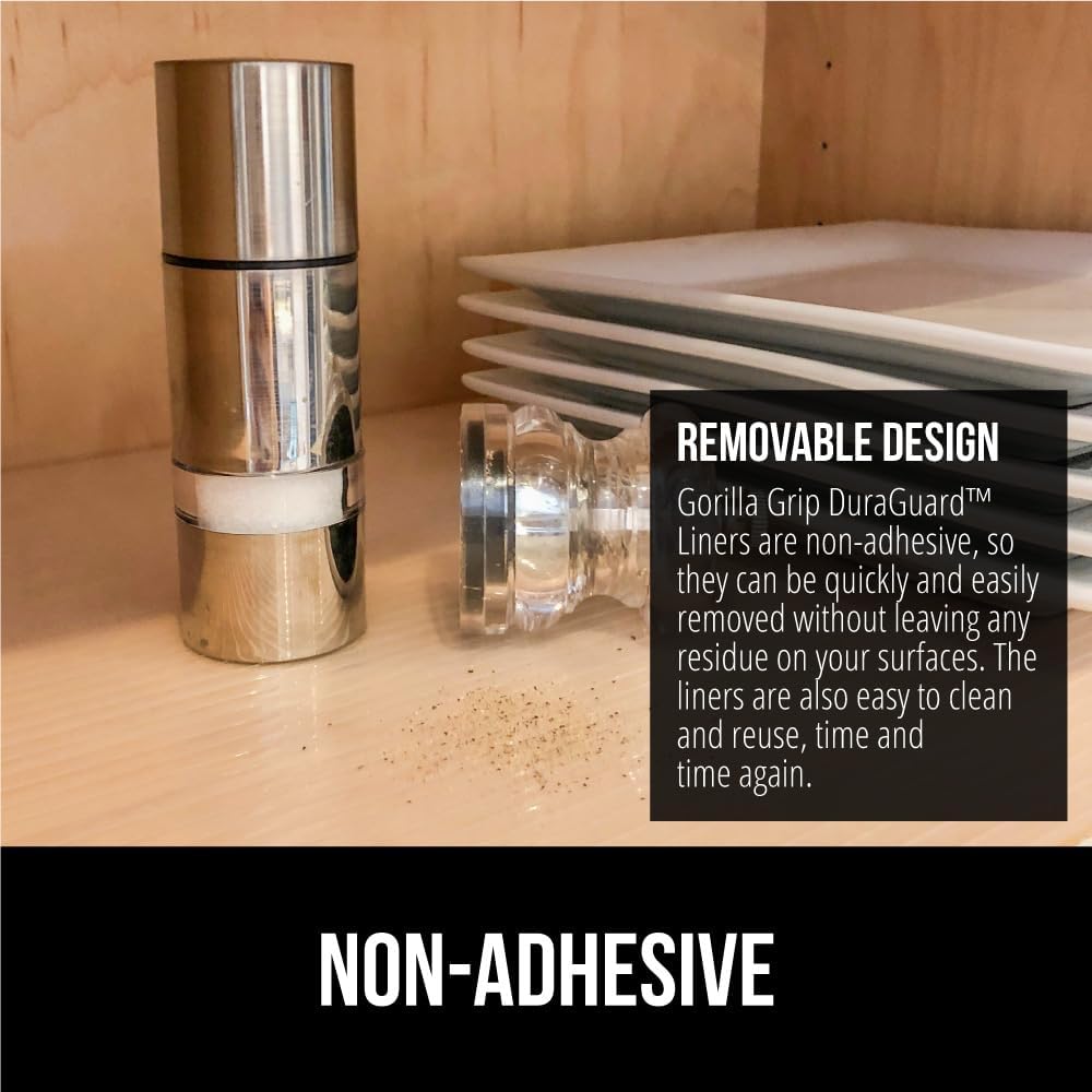 GORILLA GRIP DuraGuard Shelf Liner, Non-Adhesive Cabinet Liners for Kitchen Drawers, Shelves, Refrigerator, Pantry Storage, Bathroom Closet, Durable Waterproof BPA Free Ribbed Plastic, 12x10 Clear