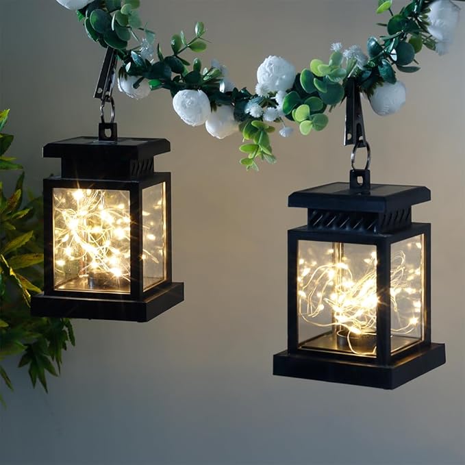 JHY DESIGN Set of 2 Black Solar Lanterns Outdoor Waterproof Solar Powered Table Lamp 5" H Hanging Lanterns with Warm LED Fairy String Lights for Patio Garden Landscape Decoration Yard Lawn（with Clamp）