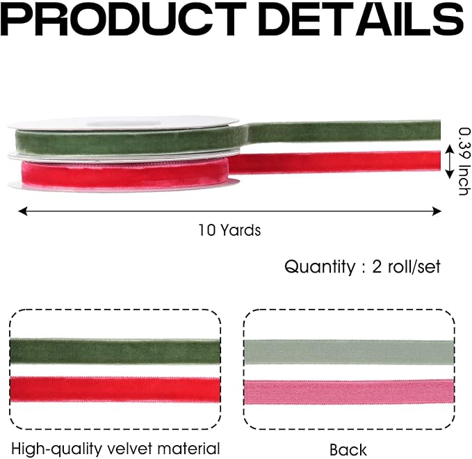 YKW Christmas Velvet Ribbon Set, 2 Rolls 3/8 inch x 10 Yards Red Green Holiday Bows for Gift Wrapping, Crafts, Christmas Decorations, Party Supplies