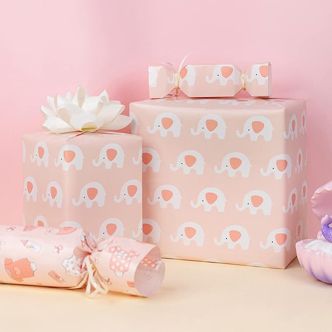 MAYPLUSS Pink Gift Wrapping Paper Roll - 17" X 120" Per Roll - Lovely Girly Little Girl Elephant, Clothing, Footprint Themed Birthday Gift Wrap Present Paper for Baby Shower, New Baby Party