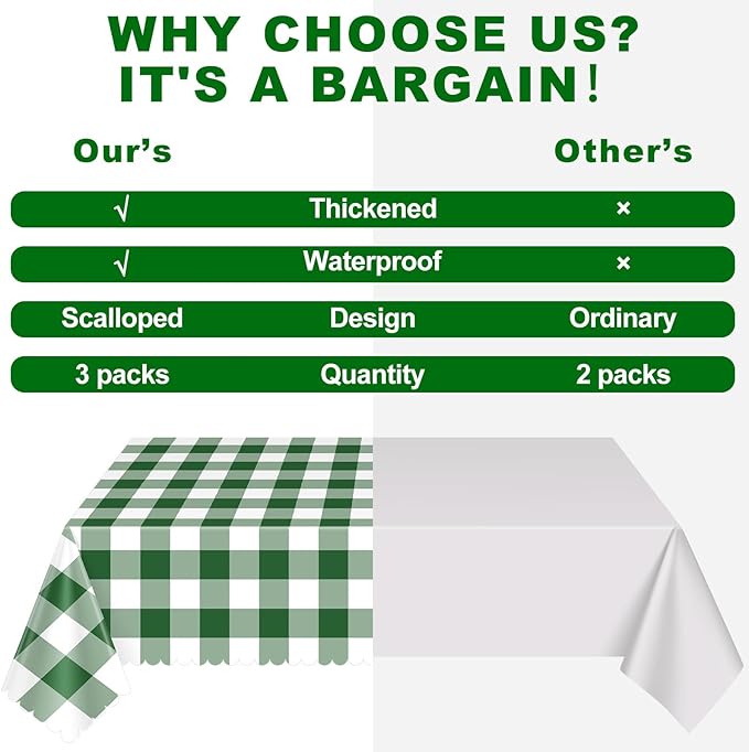 NatNarr 3 Pack Green Gingham Tablecloths, 54 X 108Inch Disposable Scalloped Green and White Checkered Table Cloth, Waterproof Table Cover for Party Picnic Birthday Barbecue Camping Wedding